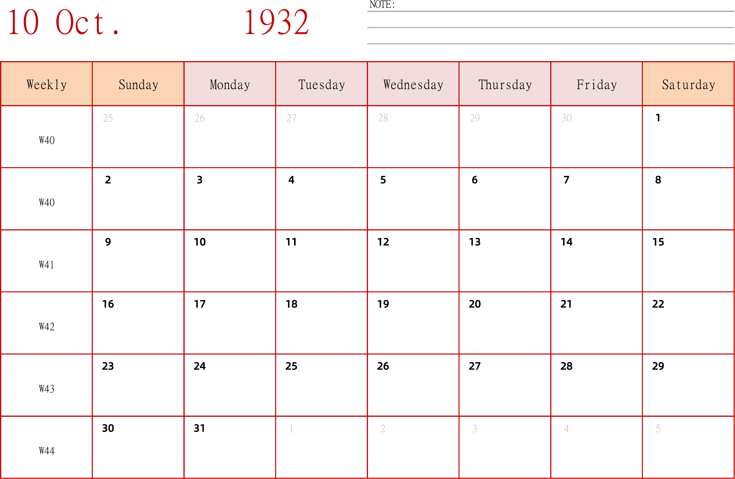 日历表1932年日历 英文版 横向排版 周日开始 带周数